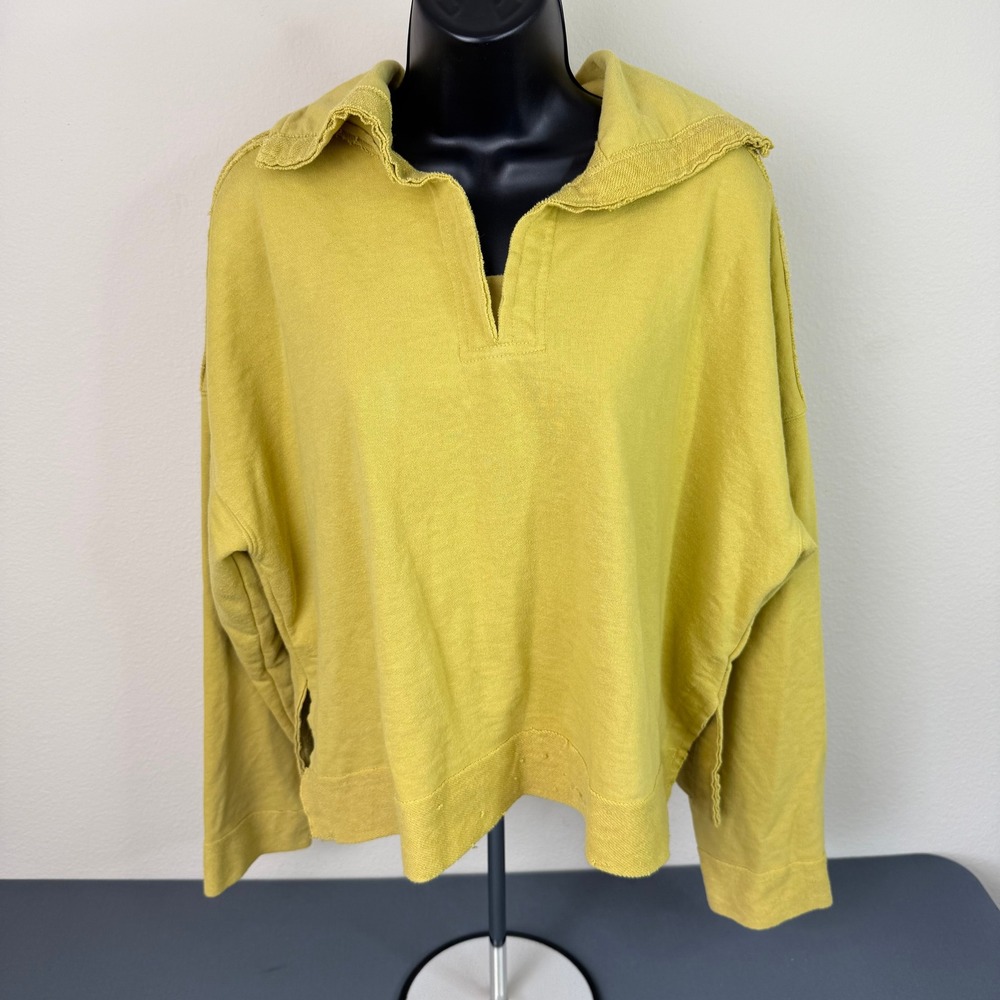 C&C California Sweatshirt Womens XL Yellow Split Collar Pullover Raw Hem Casual